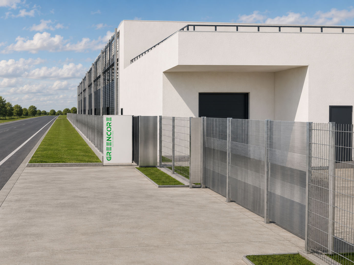 Zufahrt zum Greencore Data Center mit Metalltor, Sicherheitszaun und grünem Firmenschriftzug vor einer weißen Gebäudefassade.
